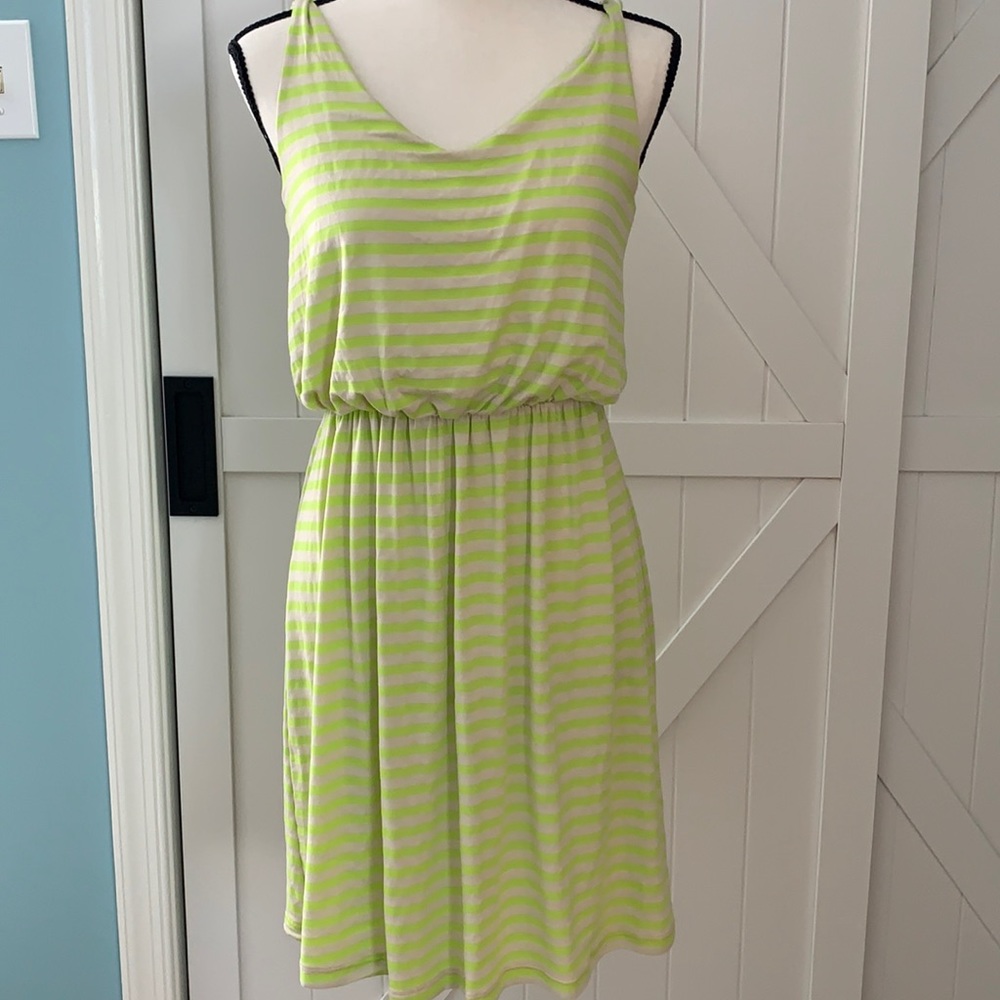 Gilli Lime Green Cream Stripe Dress Small Stretch Sleeveless Elastic Waist